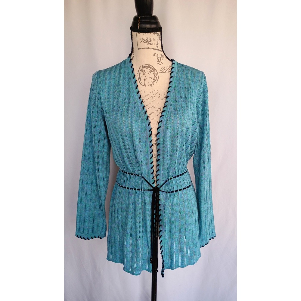 Misook Womens Turquoise Purple Space Dye Knit Tie Waist Cardigan Jacket Size M‎
